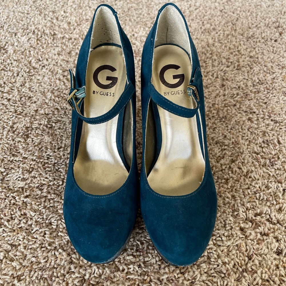 Teal snake/suede Guess platform heels